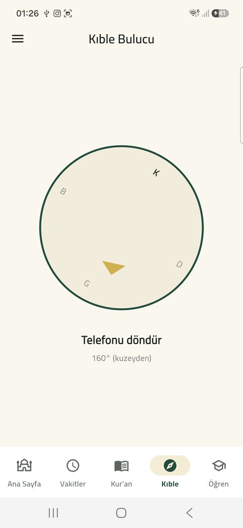Kıble bulucu ekranı: pusula ve kıble ibresi