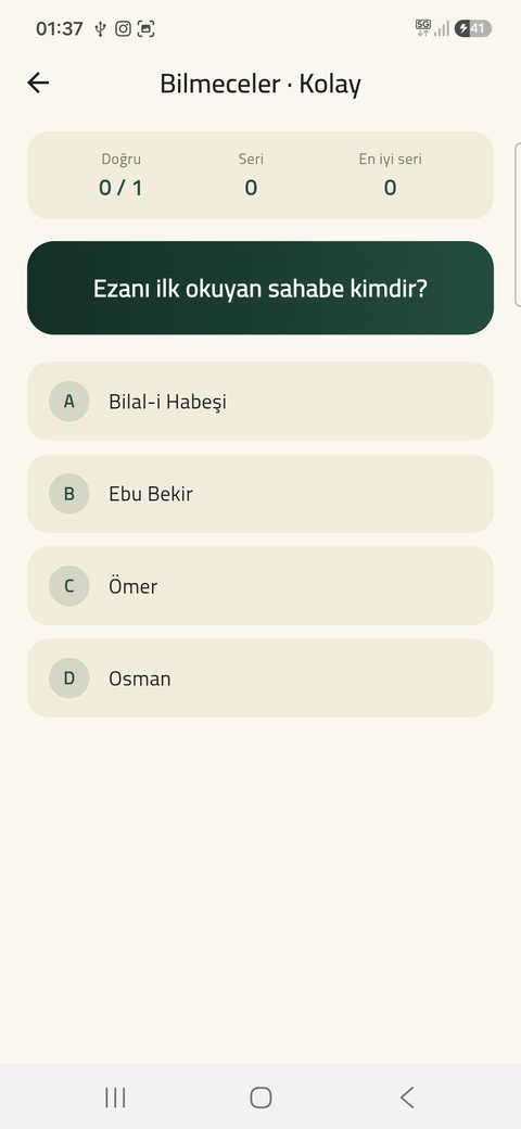 Bilmeceler ekranı: dört şıklı dini bilgi sorusu